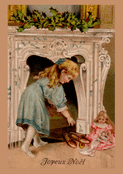 Fille en bleu devant la chemin&eacute;e de No&euml;l